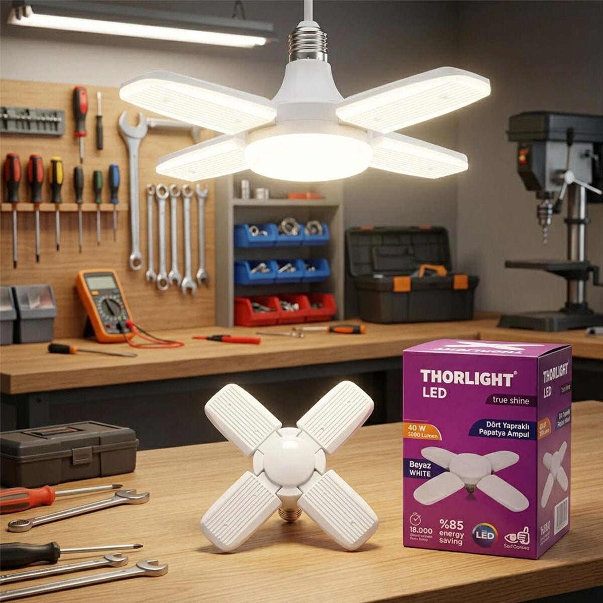 1+4 KOLLU - YAPRAKLI PERVANE MODELİ PAPATYA BEYAZ LED LAMBA AMPUL 40W - E27 P-6040B (5643)