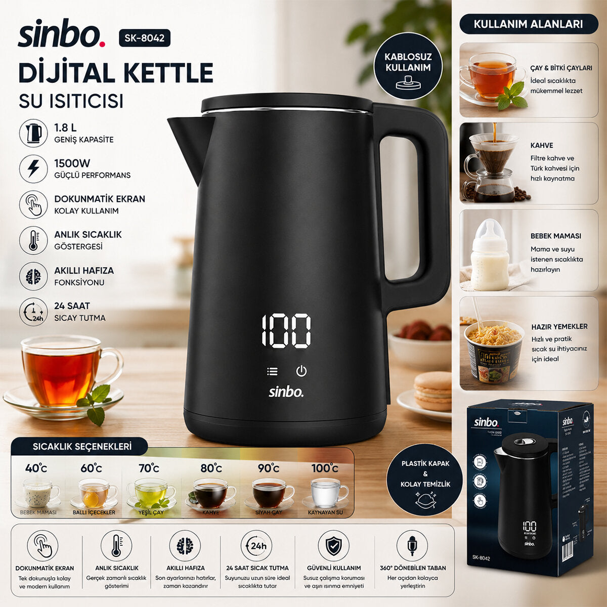 1.8L 1500W PLASTİK KAPAK - DOKUNMATİK EKRAN DİJİTAL KETTLE SU ISITICISI KABLOSUZ KULLANIM SK-8042 (5643)