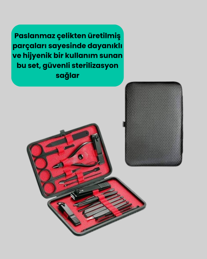 Taşınabilir Deri Kutulu 17 Parça Manikür Seti