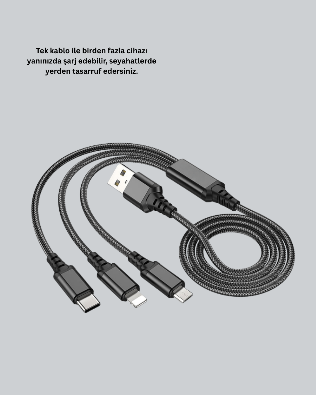 3’ü 1 Arada Hızlı Şarj Kablosu – iOS Android Type-C Uyumlu