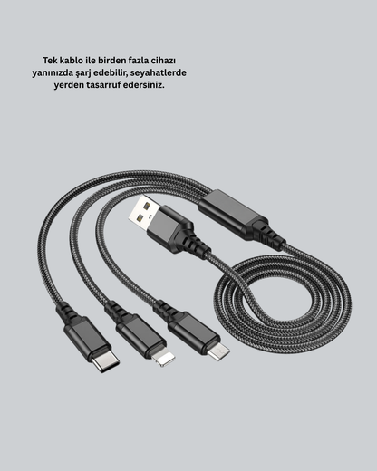 3’ü 1 Arada Hızlı Şarj Kablosu – iOS Android Type-C Uyumlu