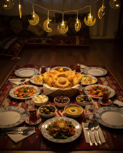 Ramazan Minare Detaylı Hilal LED Işık Günışığı Sarı Metal Süs