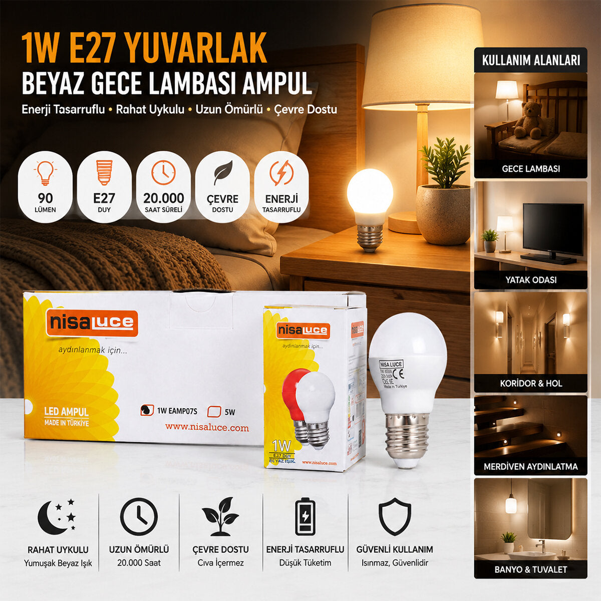 10 ADET 1W E27 BEYAZ YUVARLAK GECE LAMBASI LED AMPUL (5643)