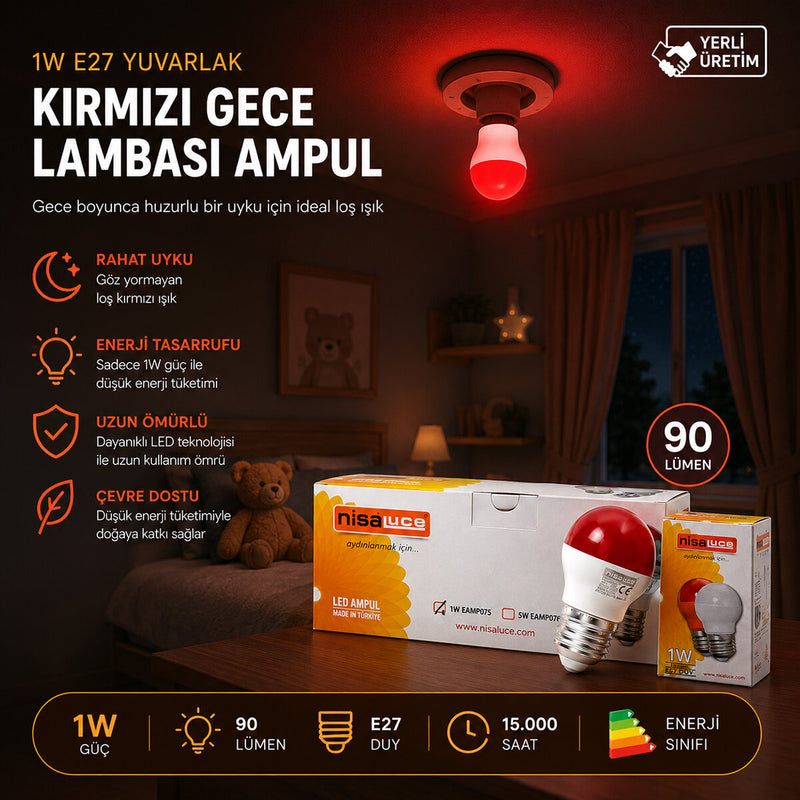 10 ADET 1W E27 KIRMIZI YUVARLAK GECE LAMBASI LED AMPUL EAMP-075 (5643)