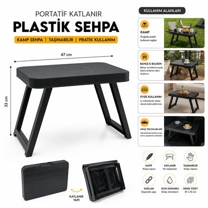 10 ADET KÜÇÜK= 47X33CM KAMP - PİKNİK MASASI SİYAH PLASTİK KATLANABİLİR AYAKLI=38CM (5643)