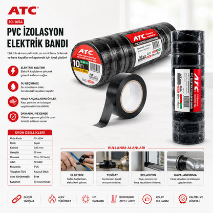 10 ADET LÜX SİYAH PVC İZOLASYON ELEKTRİK BANDI 0.13X19X11YDS 10MM - 1 PAKET GÖNDERİLİR - 1 PAKET İÇİNDE 10 ADET BANT VARDIR (5643)
