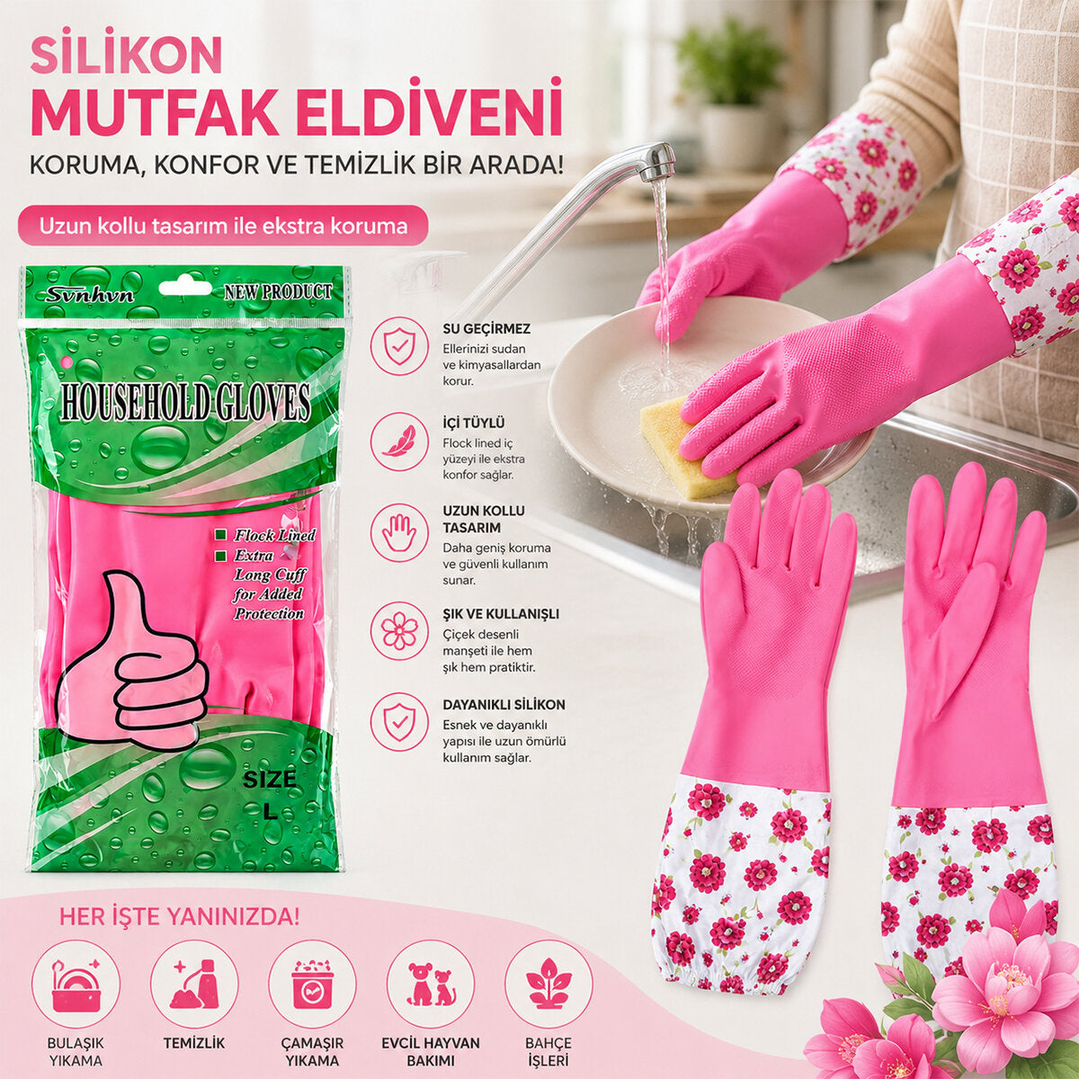 10 ADET SU GEÇİRMEZ - UZUN KOLLU L ÇİÇEK DESEN SİLİKON ELDİVEN MUTFAK - BANYO (5643)