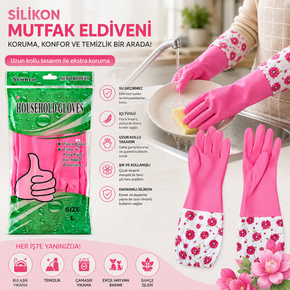 10 ADET SU GEÇİRMEZ - UZUN KOLLU L ÇİÇEK DESEN SİLİKON ELDİVEN MUTFAK - BANYO (5643)