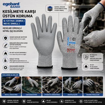 10 ADET ZEBRA NO 8 SMALL KESİLME DİRENÇLİ NİTRİL İŞÇİ ELDİVEN BANDI (5643)