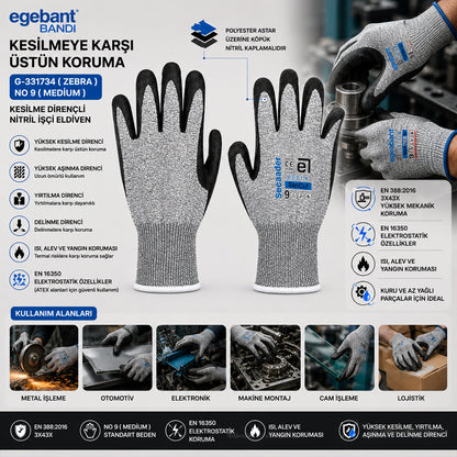 10 ADET ZEBRA NO 9 MEDİUM KESİLME DİRENÇLİ NİTRİL İŞÇİ ELDİVEN BANDI (5643)