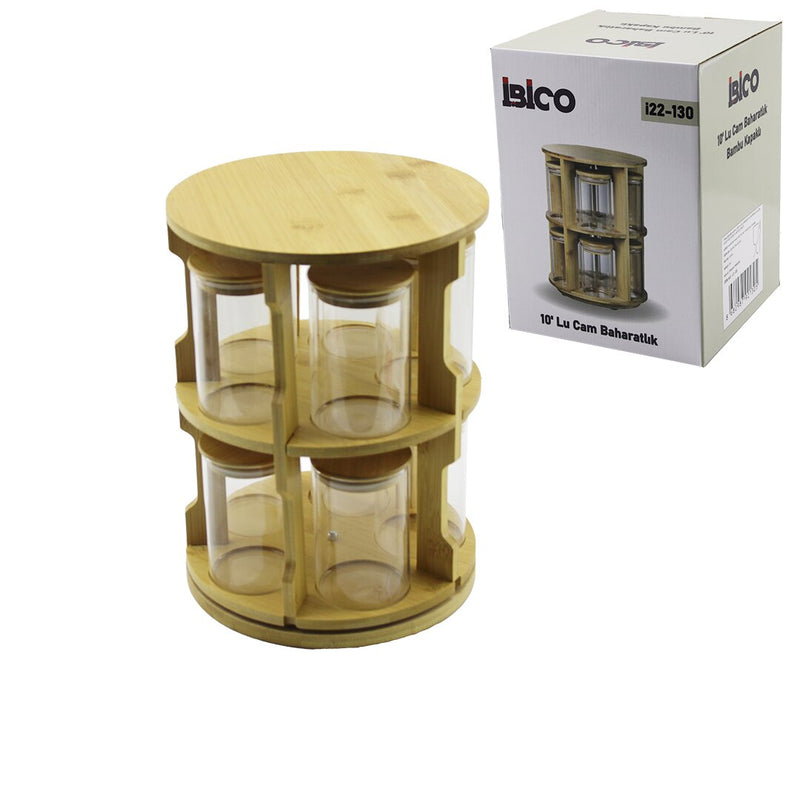 10 PCS YUVARLAK - DÖNER STANDLI CAM - BAMBU KAPAK TUZLUK - BAHARATLIK BAMBU STAND (5643)