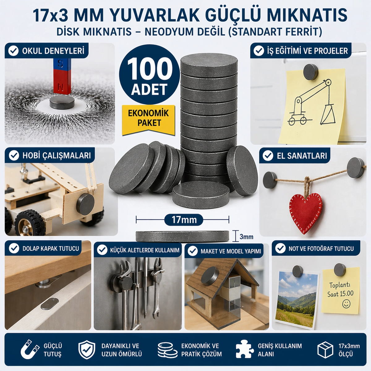 100 Adet Mıknatıs 17x3 Mm Yuvarlak Güçlü Mıknatıs Disk Mıknatıs