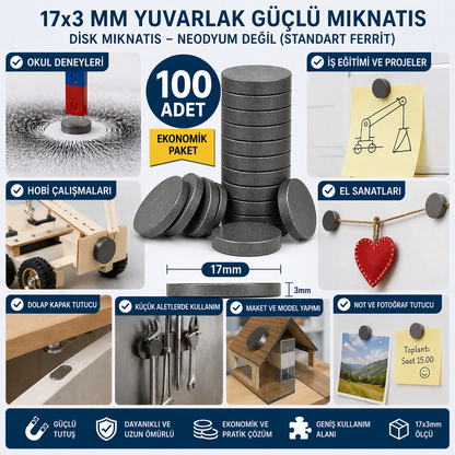100 Adet Mıknatıs 17x3 Mm Yuvarlak Güçlü Mıknatıs Disk Mıknatıs