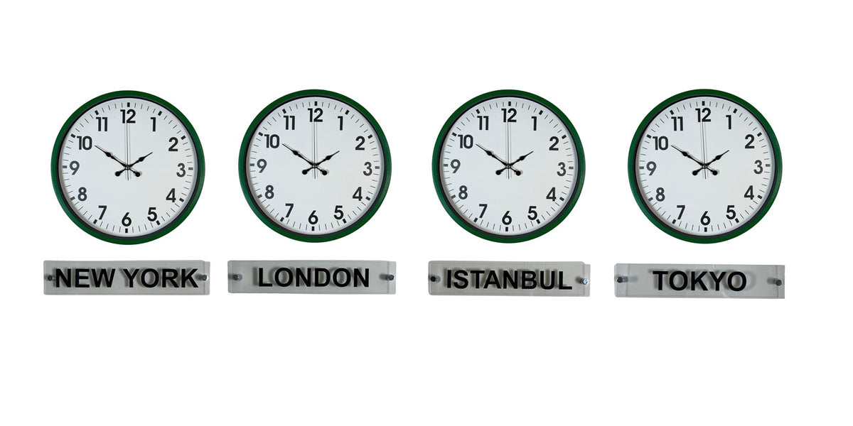 Yeşil 36 Cm 4 lü Tabelalı Dünya Duvar Saati