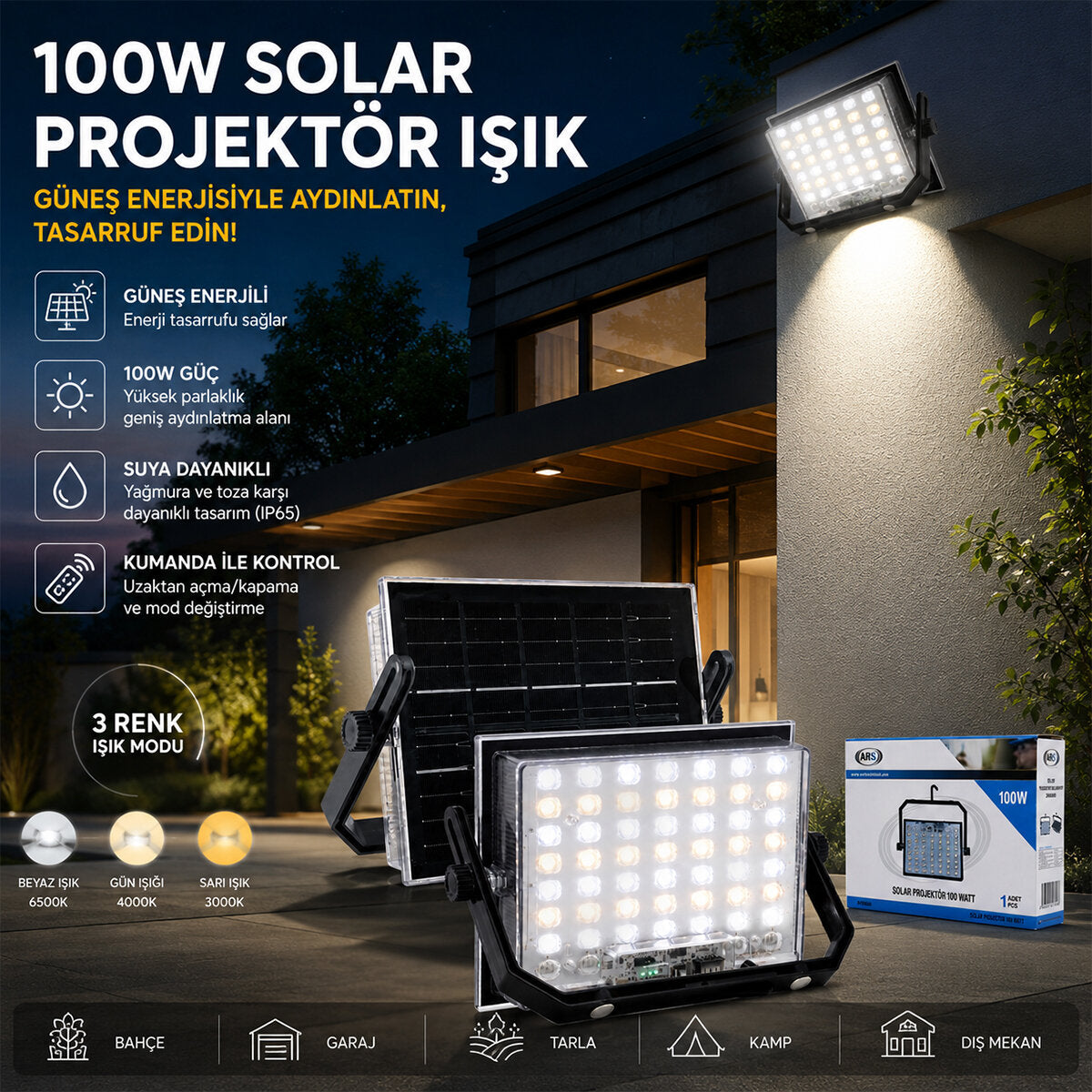 100W GÜNEŞ ENERJİLİ LED IŞIK SOLAR PROJEKTÖR - FENER KAMP - DIŞ MEKAN 3 FARKLI LED IŞIK 348960 LMB (5643)