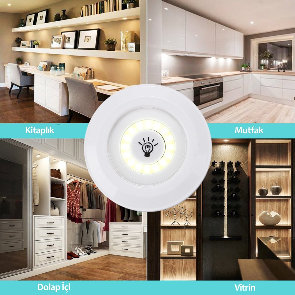 3'lü Uzaktan Kumandalı Pilli Yapışkanlı Kablosuz Led Spot Lambalar (5643)