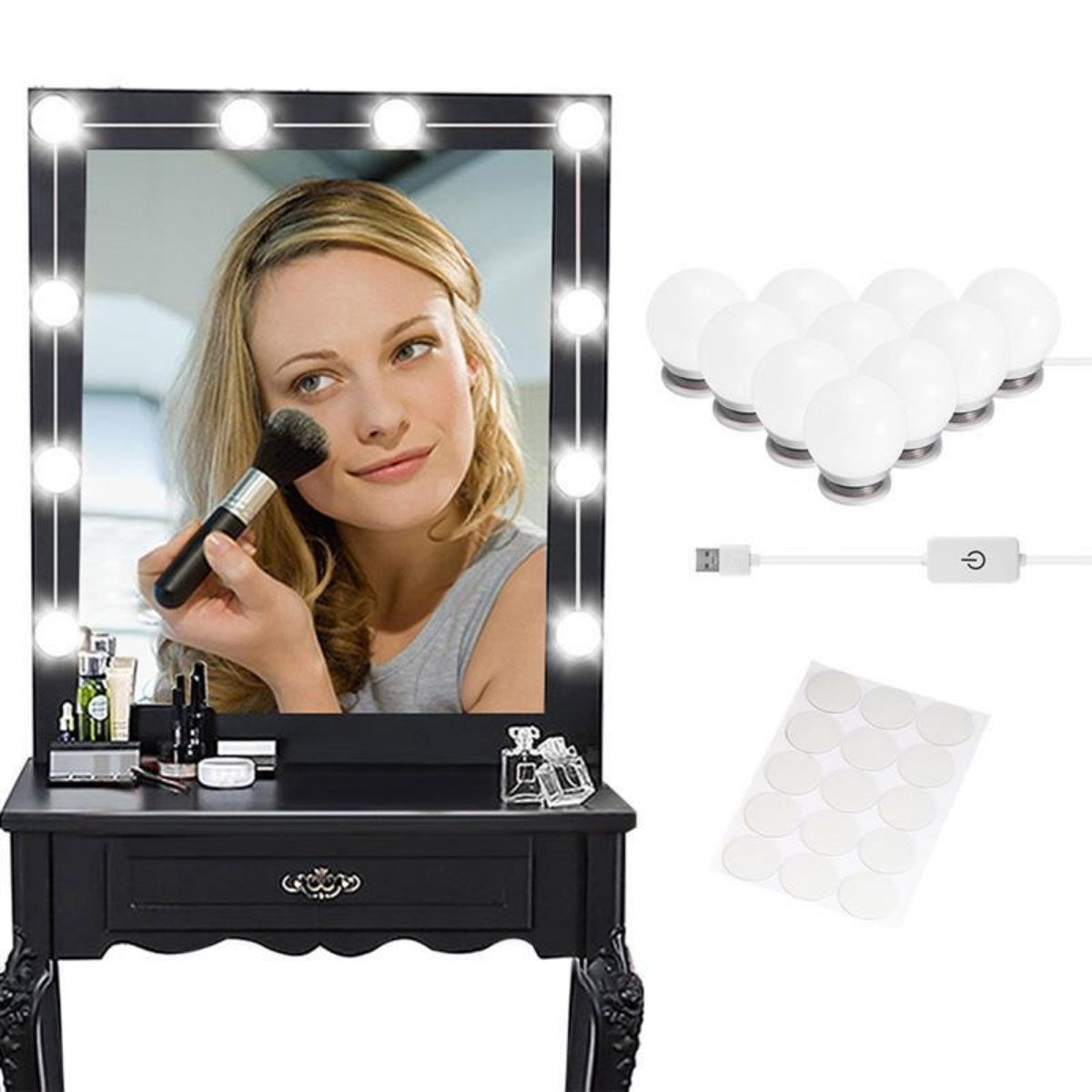 Nostalji Hollywood Tarzı 10'lu Makyaj Masası Aynası Beyaz Led Işıklı Lamba USB (5643)