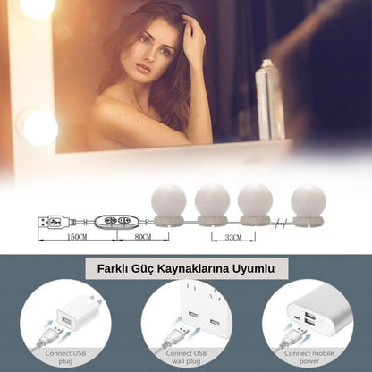 Nostalji Hollywood Tarzı 10'lu Makyaj Masası Aynası Beyaz Led Işıklı Lamba USB (5643)