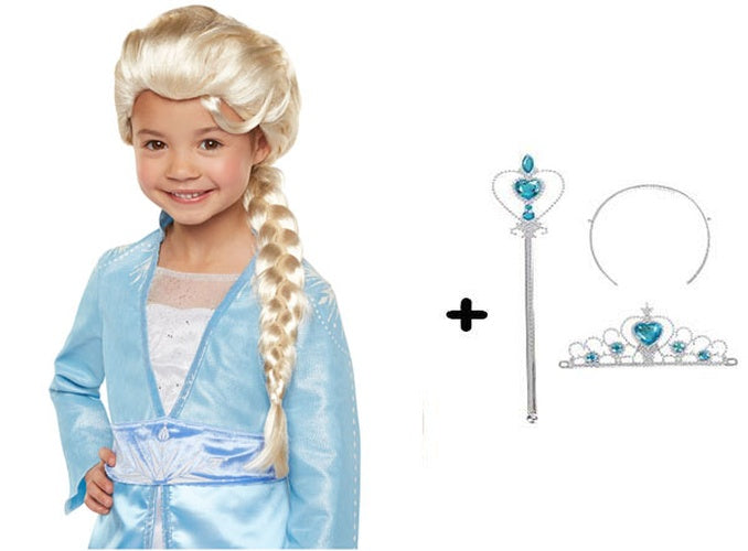 Örgülü Karlar Ülkesi Frozen Elsa Peruğu Tacı ve Sopası Çocuk Boy (5643)
