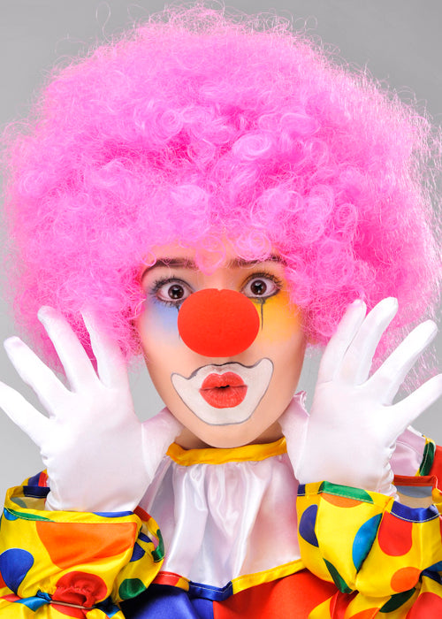 Pembe Renk Kıvırcık Afro Bonus Peruk Takma Saç ve Kırmızı Burun Seti (5643)