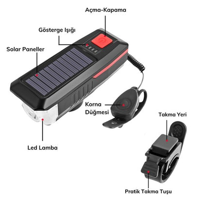 Solar Enerjili USB ile Şarj Edilebilir Ledli Bisiklet Feneri Kornalı ve Su Geçirmez Far (5643)
