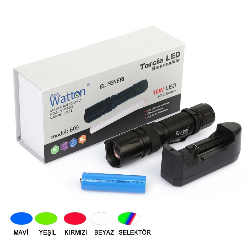 10w 2000 Lümen 4 Renk Güçlü El Feneri Wt-605