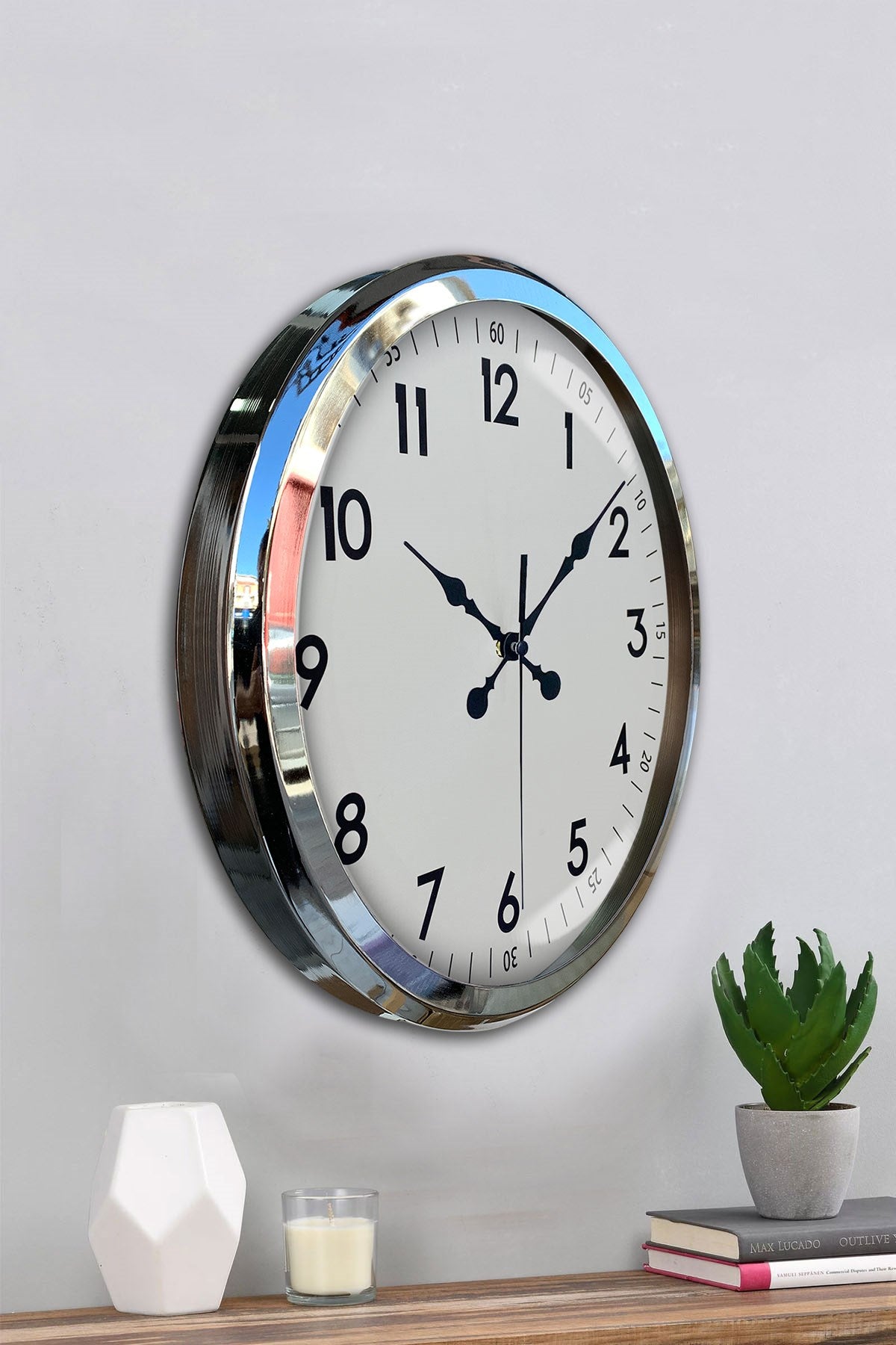 Sade Ve Şık Krom 52 Cm Metal Dekoratif Duvar Saati