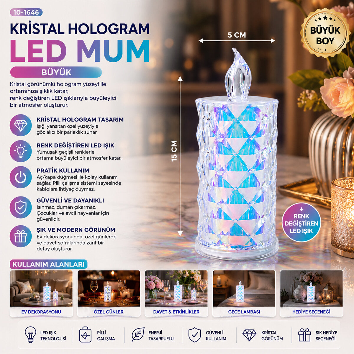 12 ADET LED CANDLE KAMP BÜYÜK BOY= ÇAP:5CM - Y: 16CM PİLLİ LED MUM MİKA KRİSTAL PLASTİK YAKUT-13637 (5643)