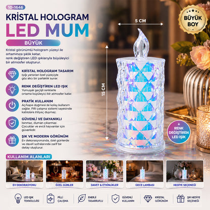 12 ADET LED CANDLE KAMP BÜYÜK BOY= ÇAP:5CM - Y: 16CM PİLLİ LED MUM MİKA KRİSTAL PLASTİK YAKUT-13637 (5643)