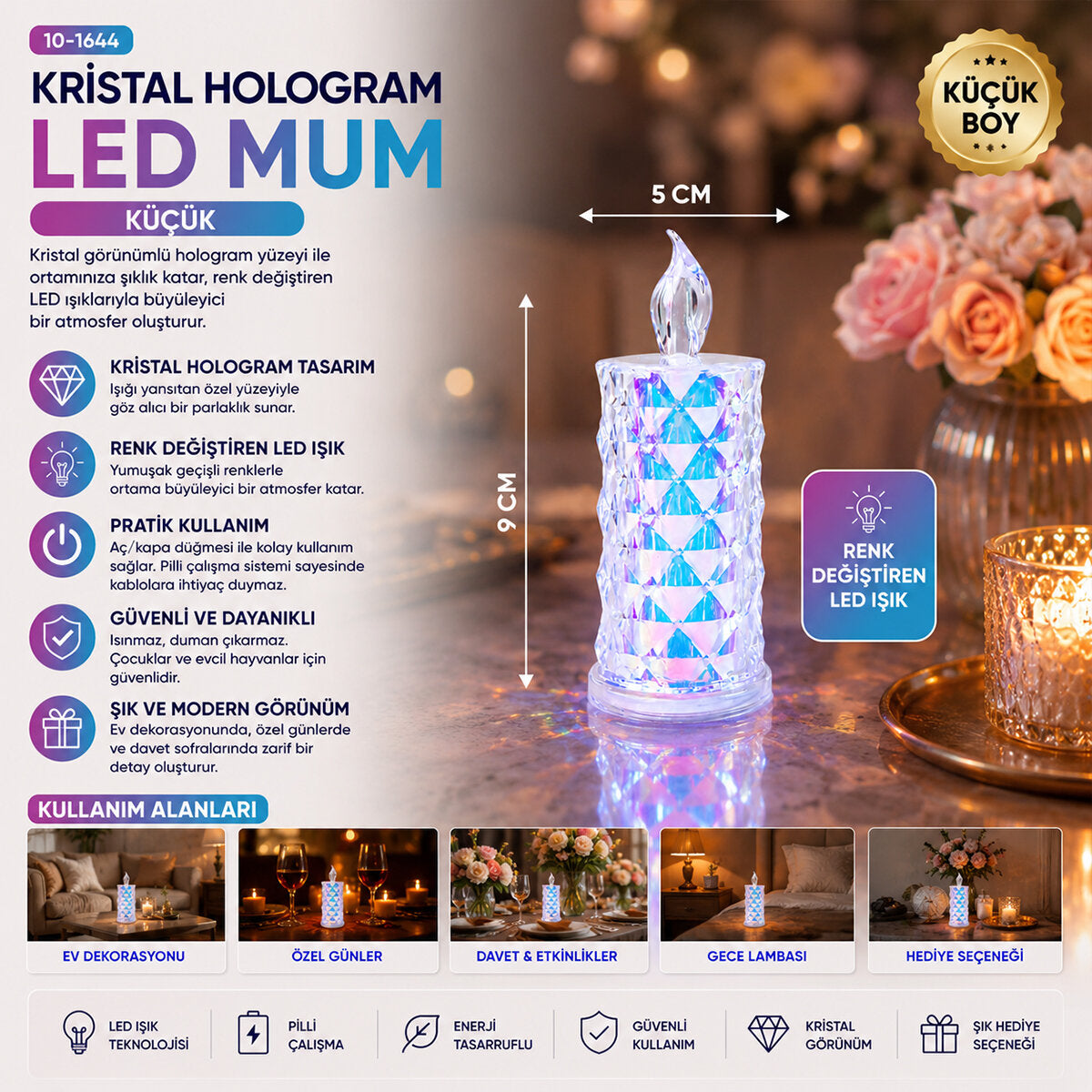 12 ADET LED CANDLE KAMP KÜÇÜK BOY= ÇAP:5CM - Y: 9CM PİLLİ LED MUM MİKA KRİSTAL PLASTİK YAKUT-13635 (5643)