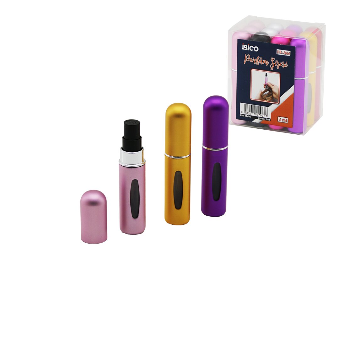 12 ADET MİNİ=CEP - ÇANTA BOY BOŞ SPREY PARFÜM ŞİŞESİ 5ML RENKLİ PLS. SEVİYE PENCERELİ (5643)