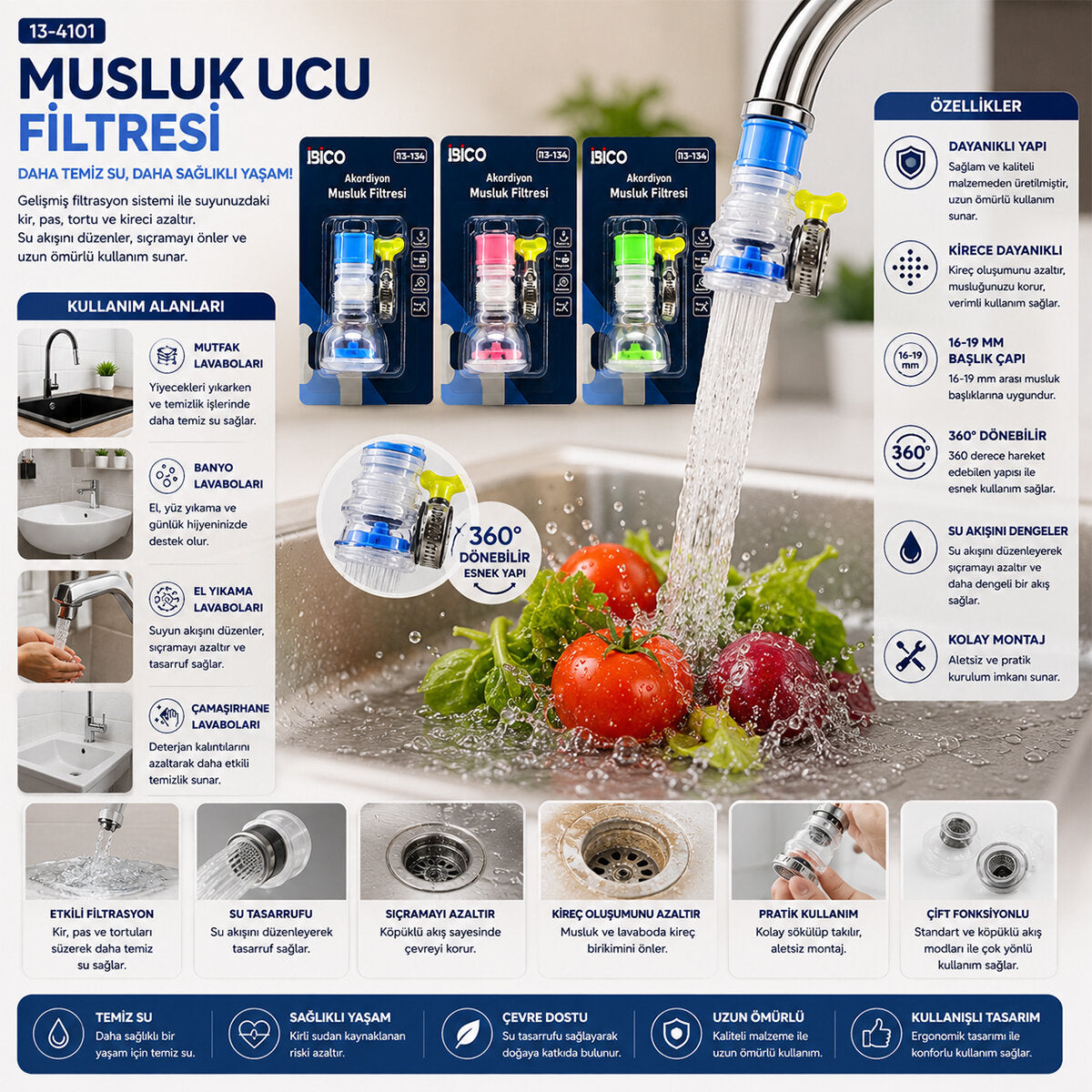12 ADET MUSLUK UCU FİLTRESİ 2 KATMANLI - TAŞLI - PERVANELİ 360° 16-19MM TÜM MUSLUKLARA (5643)