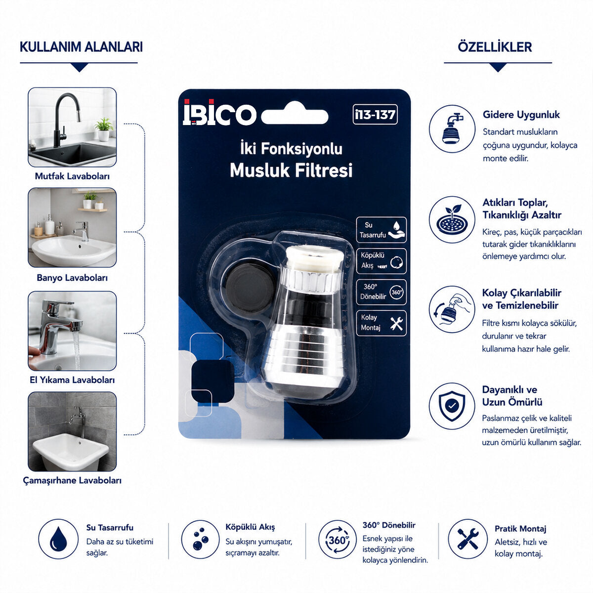 12 ADET MUSLUK UCU FİLTRESİ 2 FONKSİYONLU 360° DERECE DÖNEBİLEN BAŞLIK 16-19MM CAŞLIK ÇAPI (5643)