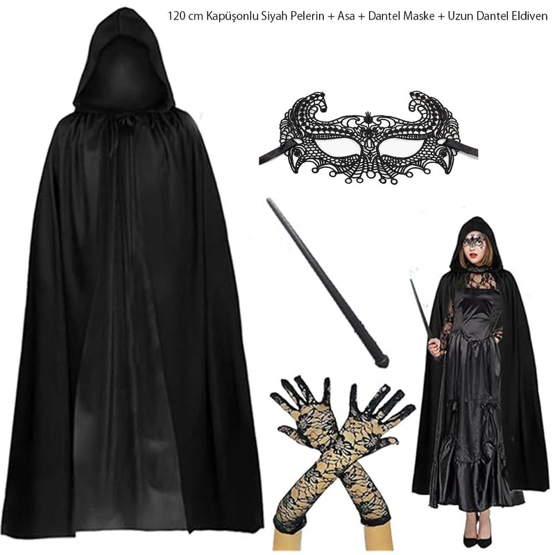 120 cm Kapüşonlu Siyah Pelerin + Asa + Dantel Maske + Uzun Dantel Siyah Eldiven Kostüm Seti (5643)