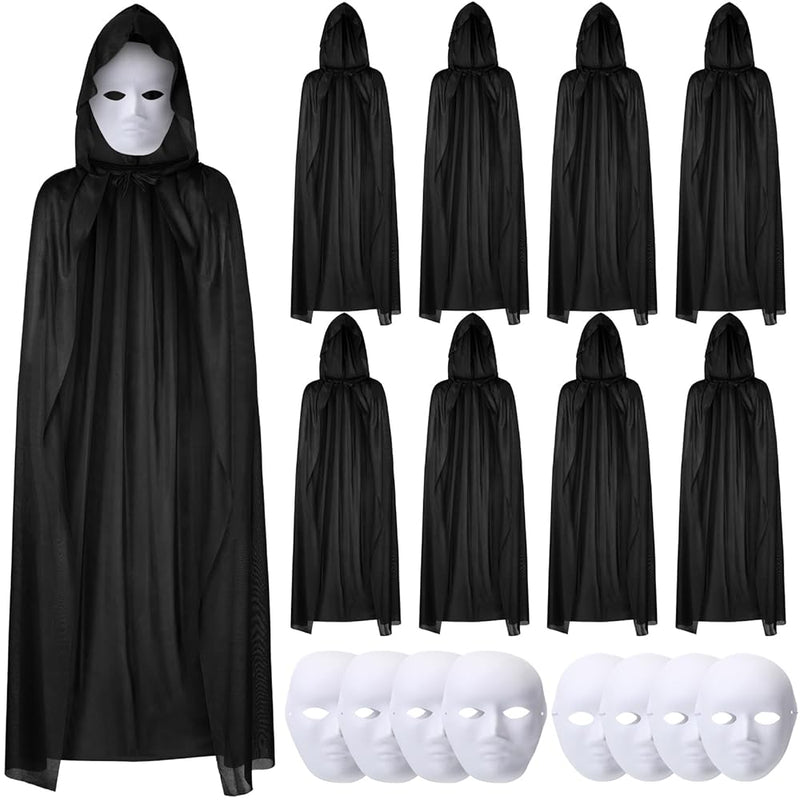 120 cm Siyah Kapüşonlu Pelerin ve Boyanabilir Karton Maske 8’li Set (5643)