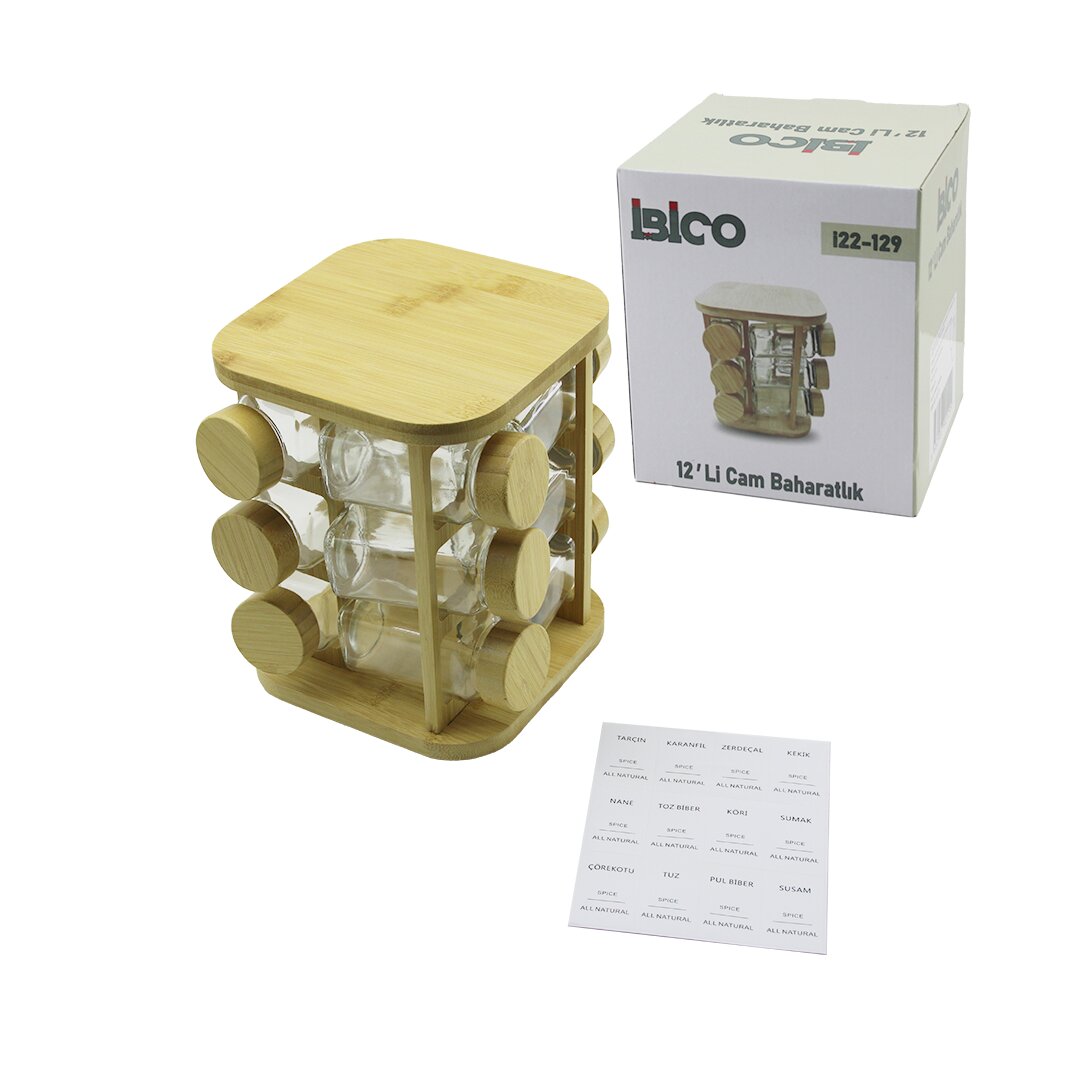 12PCS KARE DÖNER STANDLI CAM - BAMBU KAPAK TUZLUK - BAHARATLIK BAMBU STAND (5643)