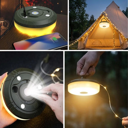 BUFFER® 2’si 1 Arada 5 Farklı Işık Modlu Gün Işığı Şarjlı Kamp Lambası ve Makaralı 10 Metre Peri LED Işık – Su Geçirmez Mıknatıslı Aydınlatma Feneri