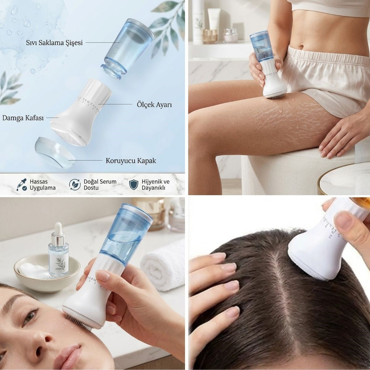 140 İğneli Serum Hazneli Dermaroller – 0-3 mm Ayarlı Dermaroller Mikro İğneli Saç, Cilt ve Vücut Bakım Aparatı (5643)