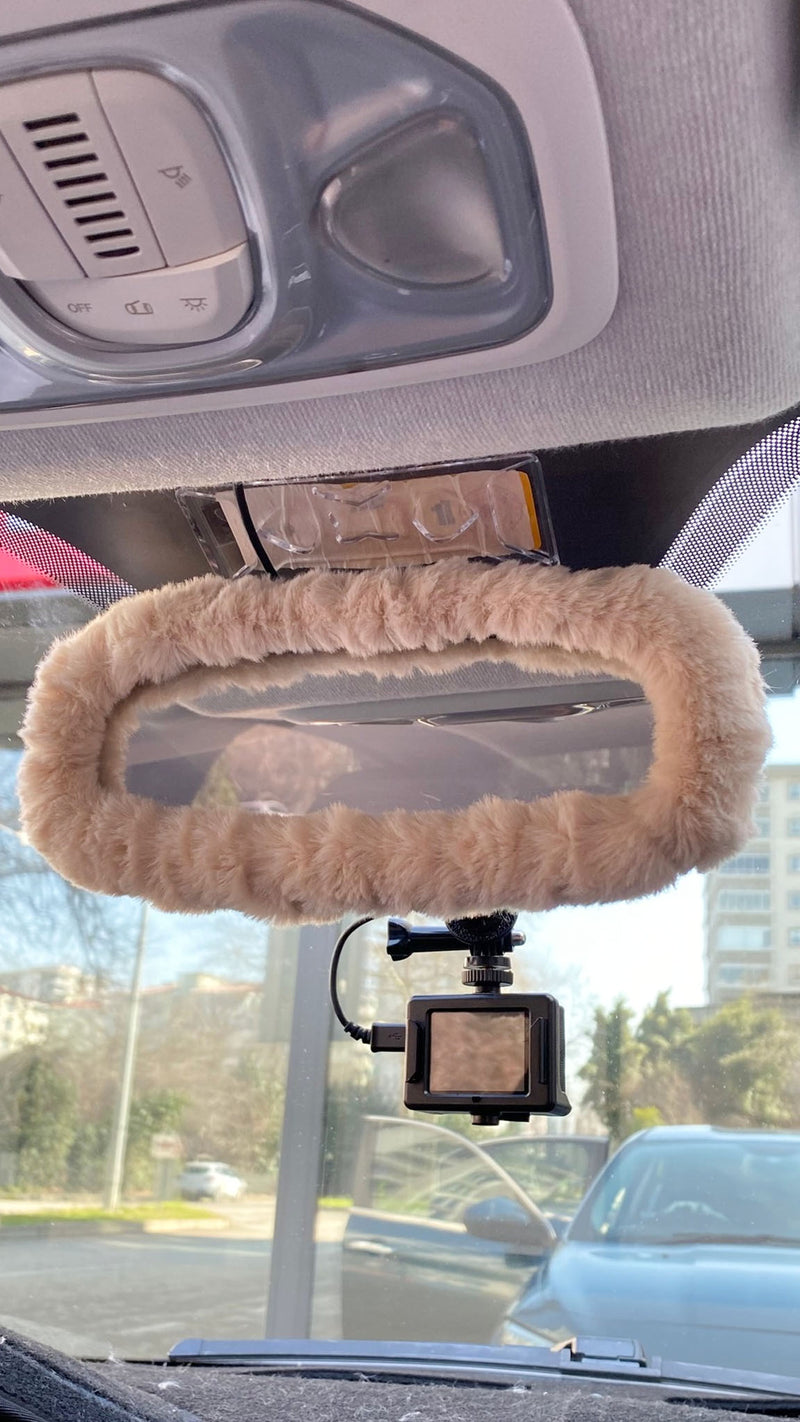 Peluş Dikiz Ayna Kılıfı Süs Bej