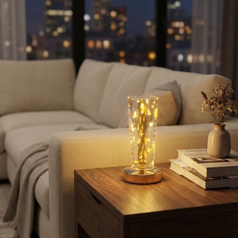 BUFFER® Silindirik Kristal Altın Toz Model LED Masa Lambası – Gold Tabanlı, Dokunmatik, 3 Renk Işık Modlu, Şarjlı Modern Dekoratif Gece Lambası