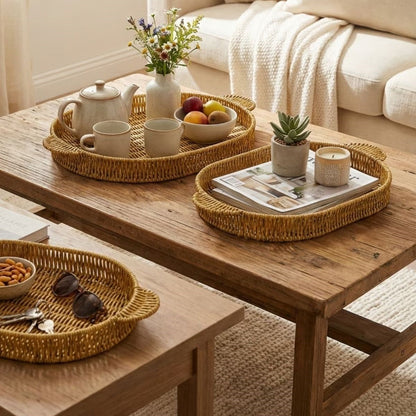 BUFFER® İç İçe Geçebilen 3’lü Oval Plastik Rattan Tepsi Seti–Hasır Görünümlü Çok Amaçlı Servis ve Sunum Tepsileri