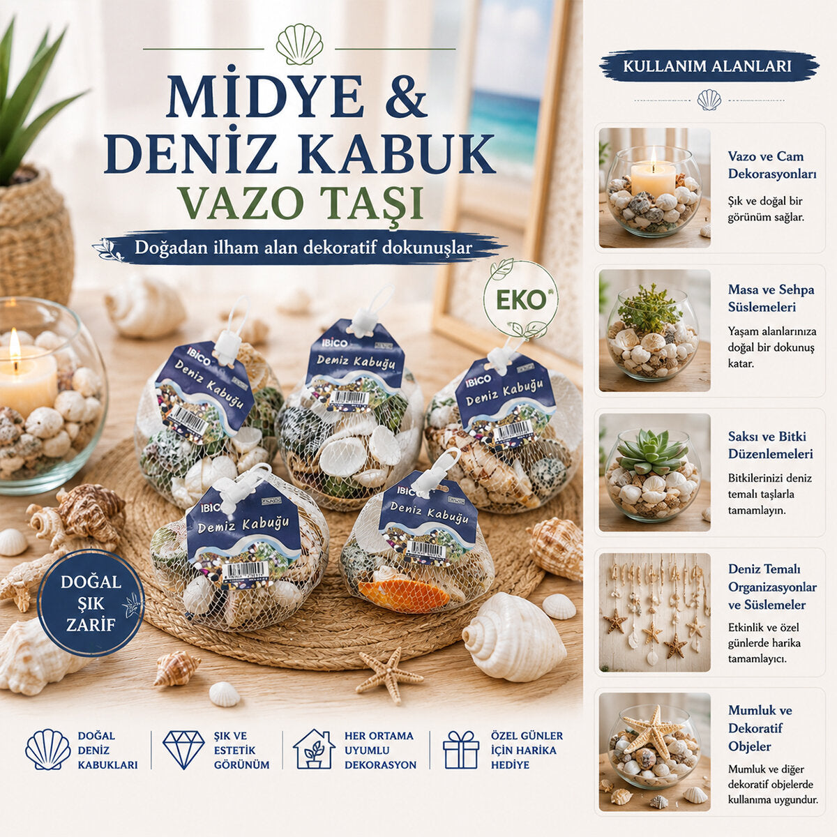 15 ADET FİLELİ RENKLİ MİX EKO MİDYE - DENİZ KABUK VAZO TAŞI (5643)