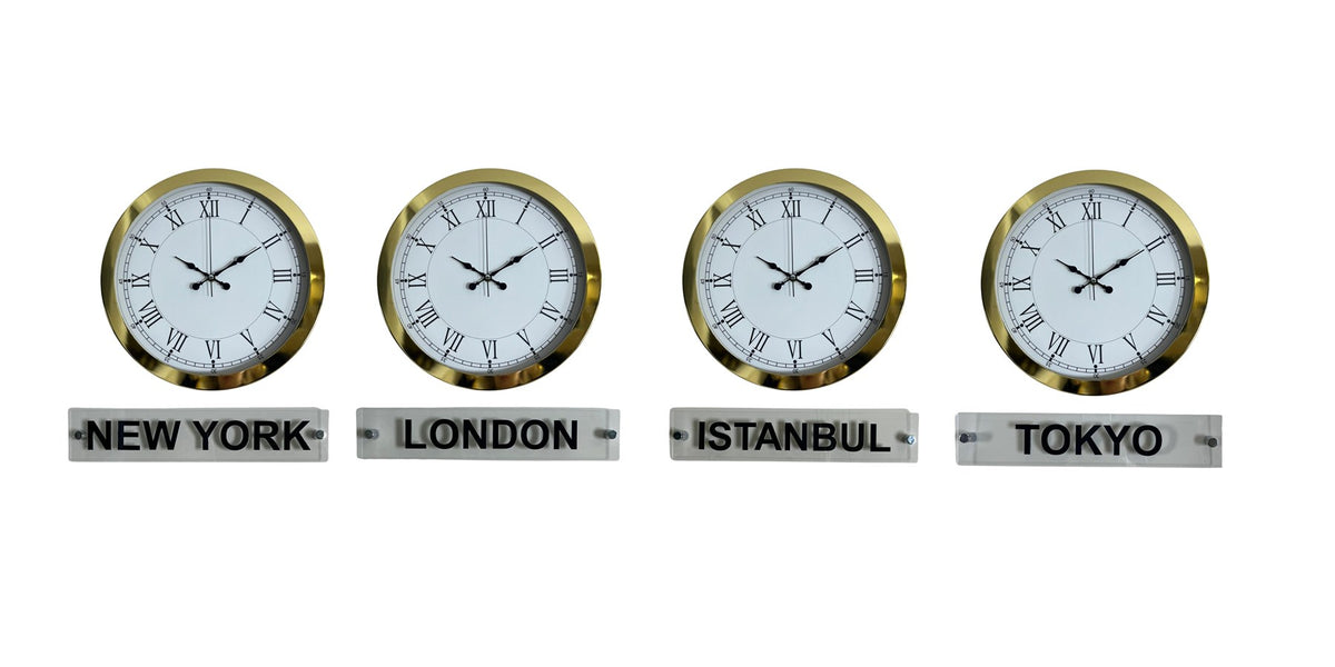 Gold Prestige 4’lü 36 Cm Metal Tabelalı Dünya Saat Seti