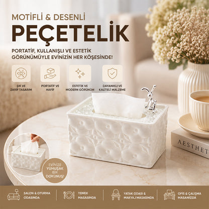 18.4X12.5X9CM BEYAZ YAYLI MASAÜSTÜ DEKORATİF DİKDÖRTGEN PEÇETELİK (5643)