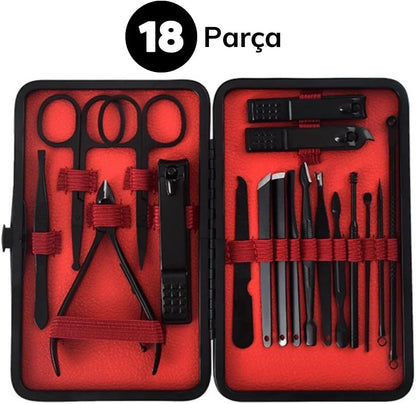 18 Parça Manikür Pedikür Set Kutusu Çelik Deri Çantalı Bakım Seti (5643)