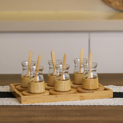 18 Parça Bambu Çay Seti - 6 Çay Bardağı - Borosilikat Cam