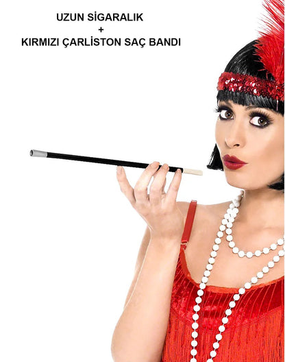 1920'ler 1990'lar Gatsby Kadın Aksesuar Seti – Kırmızı Charleston Saç Bandı ve Sigaralık (5643)