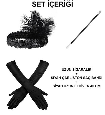 1920'ler Gatsby Aksesuar Seti – Siyah Charleston Saç Bandı, Uzun Eldiven & Sigaralık (5643)