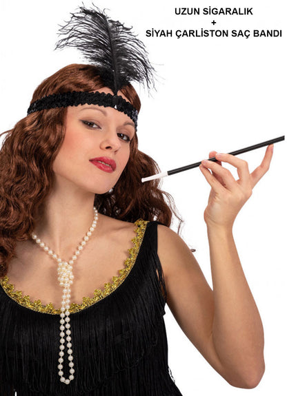 1920'ler Gatsby Aksesuar Seti – Siyah Charleston Saç Bandı & Sigaralık (5643)
