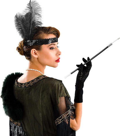 1920'ler Gatsby Aksesuar Seti – Siyah Charleston Saç Bandı & Sigaralık (5643)